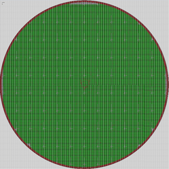 View of a 300 mm wafer with 0.5 mm x 0.5 mm devices